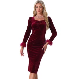 Allegra K Fall Velvet Long Sleeve Dress for Women's Feather Sleeve Square Neck Cocktail Party Sexy Bodycon Dresses Medium Burgundy