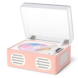 Retro CD Player for Home with Speakers & Bluetooth Transmitter, LED Display, Rechargeable, Portable Desktop Vintage Leather CD Player with Remote Control, Support USB/AUX/Headphone Jack, Pink