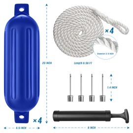 VOYOCHT Boat Fenders 6.5 x 23 Inches Twin Eyes Ribbed Boat Fenders Bumpers Pack of 4 with Lines and Pump to Inflate for Docking (Blue)