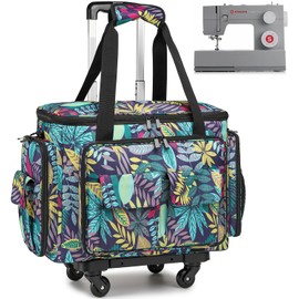 Sewing Machine Case with Wheels - Rolling Sewing Machine Tote with Removable Bottom Pad & Multiple Storage Pockets, Compatible with Singer & Brother (Floral)