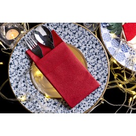 Red Dinner Napkins Cloth Like with Built-in Flatware Pocket, Linen-Feel Absorbent Disposable Paper Hand Napkins for Kitchen, Bathroom, Parties, Weddings, Dinners or Events, Pack of 50