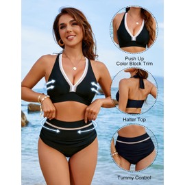 Blooming Jelly Womens High Waisted Bikini Sets V Neck Two Piece Swimsuit Tummy Control Bathing Suit (Small, Black)