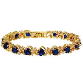 RIZILIA BLOSSOM Tennis Bracelet & Round Cut CZ [Simulated Blue Sapphire] in Yellow Gold Plated, 7"