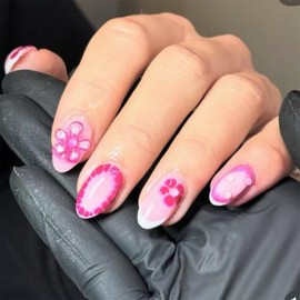 SINHOT Pink Flower Press on Nails - Medium Almond Fake Nails Glossy Glue on Nails Acrylic Pink Ombre Stiletto Artificial Nail Art White French Tip Stick on False Nails with Design DIY 24 pcs