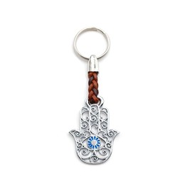 Claro Schmuck Key Ring Metal Thickness 2 mm Faux Leather Cord Total Length Approx. 9 cm - 11 cm, Hand of Fatima