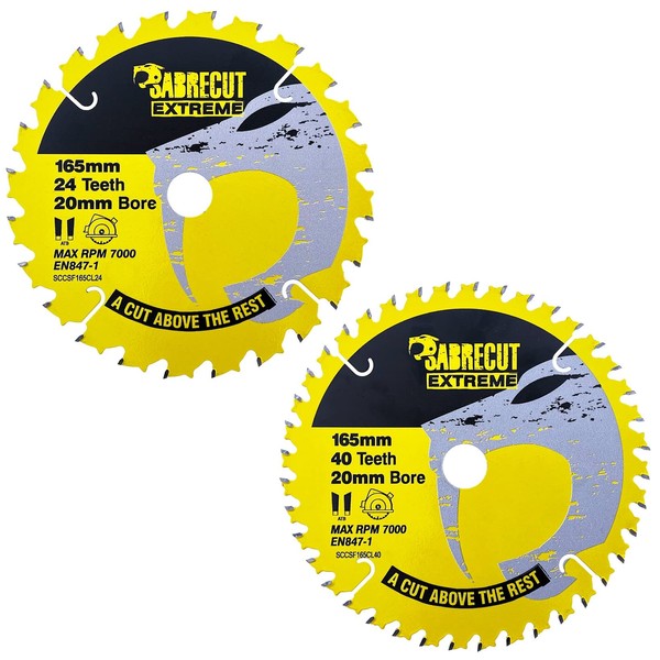 2 x SCCSFK165CL SabreCut 165mm 24T and 40T x 20mm Bore Cordless Circular Saw Blade Compatible with Dewalt Bosch Makita and Many Others