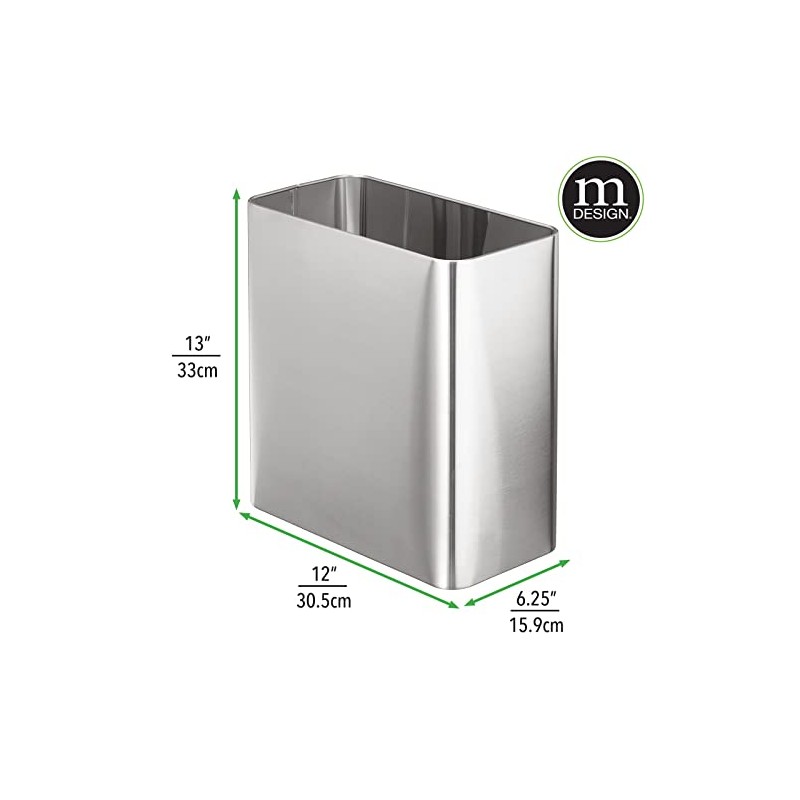 mDesign Stainless Steel Slim Rectangular Modern Metal 2.6 Gallon/10 Liter
