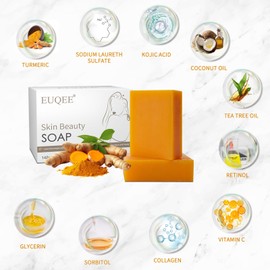 EUQEE Turmeric Kojic Acid Soap, 5 oz Soap Bars with Glycerin, Vitamin C, Collagen, Retinol, Coconut Oil & Tea Tree Oil for Skin Beauty Reduce Dark Spot Smooth Skin with a Foaming Net - 142g x 2 Bars