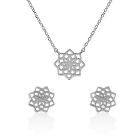 namana Mandala Silver Necklace and Earrings Set for Women. Dainty Brushed Silver Mandala Jewelry Set for Women. Sacred Geometry Flower Stud Earrings and Necklace for Women with Gift Box