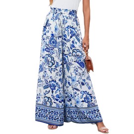 YOCUR Summer Wide Leg Pants for Women Beach Vacation High Waisted Pants Printed Loose Flowy Gauze Palazzo Lounge Trousers Blue White XXL