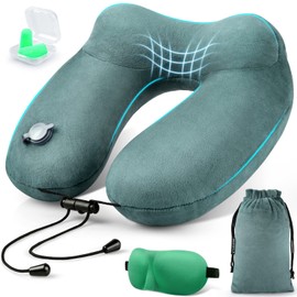 urophylla Compact Travel Neck Pillow for Airplanes, Super Soft Velvet Neck Support, Adjustable Firmness, Inflatable Plane Pillow for Long Flights, Road Trips, Travel Essentials with Eye Mask, Earplug