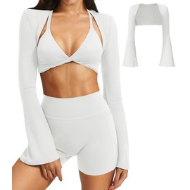 YEOREO Women Crop Top Long Sleeve Bolero Open Front Workout Bell Sleeve Cropped Shirts Sports Shrug White S