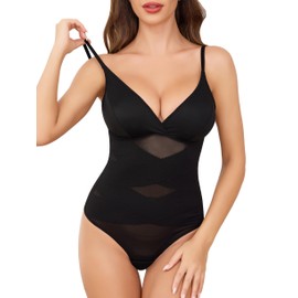 Vlazom Women's Shapewear Bodysuit V Neck Tummy Control Body Shaper Seamless Sculpting Shaper Wear Snatched Waist Body Suit with Adjustable Straps Bra Pads Black,M