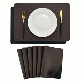 Premium Faux Leather Placemats Set of 6 – Waterproof, Heat-Resistant, Reversible & Non-Slip Table Mats for Kitchen, Dining, Indoor/Outdoor Use (Black & Dark Brown)