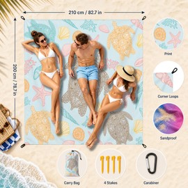 VISSTREE Beach Blanket Waterproof Sandproof, Quick Drying Boho Beach Mat, Extra Large 79"x83" Outdoor Picnic Sand Free Rug with 4 Stakes & Carry Bag for Summer Travel Camping Hiking, Sea Turtle