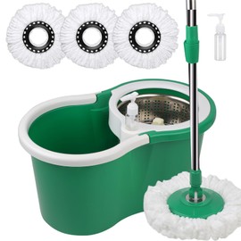 Spin Mop and Bucket with Wringer Set, 360° Rotating Head Mop Bucket System with 3 Microfiber Mop Refills Wet and Dry Suitable for Office and Home Use, Green (Green)