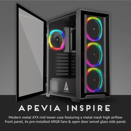 Apevia Inspire-BK Inspire Mid Tower ATX Gaming PC Case w/ 4X 120mm ARGB Fans, 366 RGB Light Modes, 1x Metal Mesh Airflow Front Panel, 1x Door Swivel Style Magnetic Glass Side Panel, 2X USB3.0, Black