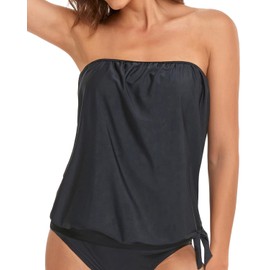 Holipick Black Strapless Tankini Tops for Women Swimwear Top ONLY Bandeau Bathing Suit Top Blouson Swimsuit Top No Bottom Large