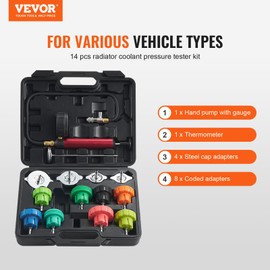 VEVOR Automotive Cooling System Radiator Pressure Tester Kit, 14 pcs Radiator Pressure Tester Kit with Manual Pump and Color-Coded Steel Test Cap Adapters, for Cars Motorcycles Trucks Cooling System