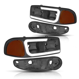 PM PERFORMOTOR [4Pcs] LED DRL Headlights Assembly+Bumper Lamps Compatible with 00-06 Sierra Yukon Denali,Smoked Lens/Amber Corner