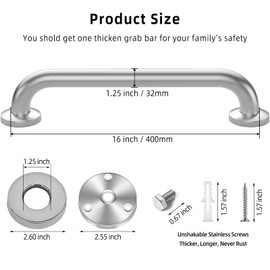 2 Pack 16 Inch Grab Bar for Bathtubs and Showers - 1.25" Diameter Bathroom Safety Shower Handles Brushed Nickel with Concealed Screws, Wall Mounted Disability Handrail for Handicap, Elderly, Pregnant