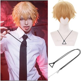 HUNIGIR Denji Wig Blonde Anime Wig Short Blonde Mens Hair Denji Cosplay Hair with Necklace Heat Resistant Synthetic for Costume Halloween Party