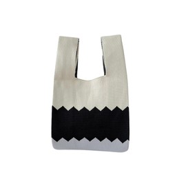 EZ PEACH Knit Bag, Knit Tote Bag, Shopping, Handbag, Shoulder Bag, Mini Bag, Knit, Women's, Smaller, Mini Tote Bag, Soft, Foldable, Lightweight, Cute, Trend, Beige-Black