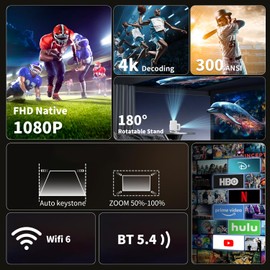 【SHORT THROW】Mini Portable Projector with WiFi 6 and Bluetooth 5.4 Smart Projector 1080P Support Movie Projector 4K Decode Built-in Android 11.0 for Home Theater Compatible for Smartphone/Laptop
