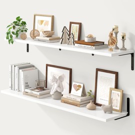 Fun Memories Deep Floating Shelves, 48W x 8D Floating Shelves Set of 2, Wall Mounted Shelf with Metal Brackets, Rustic Wood Wall Shelf for Bathroom, Kitchen and Living Room, White