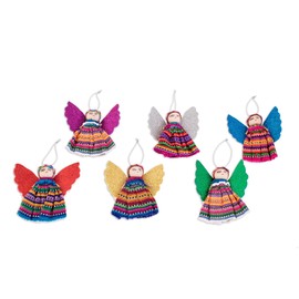 NOVICA Cotton Ornaments Cultural Angel from Guatemala Multicolor Holiday Decor Recycled Christmas Folk Art 'Quitapenas Angels'(Set of 6)