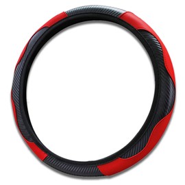 Piburth Car Steering Wheel Cover, 15 inch Carbon Fiber Microfiber PU Leather Elastic Steering Wheel Protector for Unisex, Anti-Slip Breathable Car Interior Accessories for Most Cars (Red)