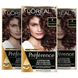 L'Oréal Paris Permanent Hair Colour, Hair Dye Set with Colouration and Shine Protect Conditioner, Préférence, 4 Natural Brown (Tahiti), 3-Pack