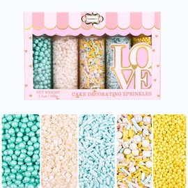 Sprinkles - Confect Sprinkles for Cakes & Cupcakes Decoration Assorted pack of 5 Sprinkles Mix Sky blue, White & Yellow Pearl Dragees Sky Blue & yellow Jimmies & White Sparkling Sugar - 3.5 Oz