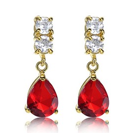 [RIZILIA TEARDROP] Dangle Pierced Earrings with Pear Cut Gemstones CZ [Red Ruby] in 18K Yellow Gold Plated, Simple Modern Elegance