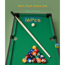 Mini Billiard Balls, 16 Pool Balls Set, 1-1/4" Pool Table Billiards, Resin Mini Billard Pool Balls, Cue Ball Training Ball, Pool Table Accessories for Beginners & Professional, Kids Table Game Toy