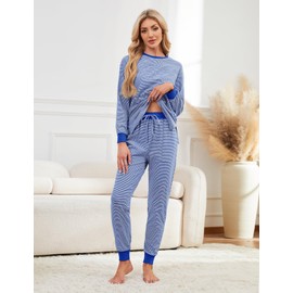 Namatime Women's Long Cotton Two-Piece Pyjamas Striped Sleepwear with Pockets, blue, XL