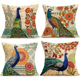 ULOVE LOVE YOURSELF 4Pack Peacock Throw Pillow Covers Only Decorative Square Pillowcases Cotton Linen Cushion Cover 18 X 18 Inch (Peacock)
