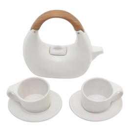 NOVICA White Ceramic Wood Modern Coffee & Tea Service Serveware From Indonesia 'Resting Cloud In White'