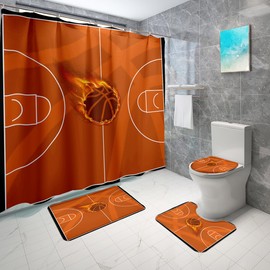 JPSBJWJ 4 Pcs Basketball Shower Curtain Set - Sports Shower Curtain Set Basketball Court Bathroom Decor for Boys with Rug,Toilet Cover,U Shaped Mat and 12 Hooks,70 x 70 Inch