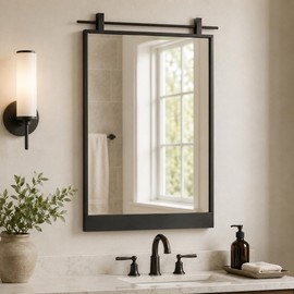 Black Farmhouse Bathroom Mirror - 16" x 24" Wall Mounted Mirrors Rectangle Metal Framed Barn Door Farmhouse Vanity Mirror for Bathroom Bedroom Entryway Home Decor