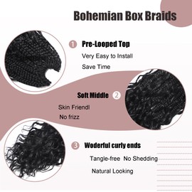9 Packs Boho Box Braids Crochet Hair 24 Inch Pure Protein Fiber Similar to Human Hair Goddess Box Braids Crochet Hair With Curly Ends Pre Looped Bohemian Braid Hair Extension For Women(24 Inch, 1B)