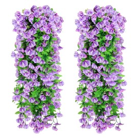 2PCS Artificial Hanging Flowers, UV Resistant Fake Plastic Faux Hanging Plants Morning Glory Vines for Indoor Outdoor Garden Porch Eave Wedding Wall Décor(Purple)