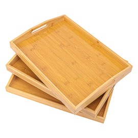 kukmakri 3 Pack Bamboo Serving Tray, 16x 11.6 Inch Wooden Serving Trays with Handles, Bamboo Trays for Serving Food, Perfect for Dinner, Tea, Bar, Breakfast, and Food for Parties, Bed, & Kitchen
