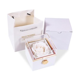 JYCMMFC - Caja de anillos de rosas que gira 360° de terciopelo para bodas, día de San Valentín, día de la madre, regalos de Navidad, decoración de flores artificiales para regalos románticos para mujeres y ella (blanco puro)