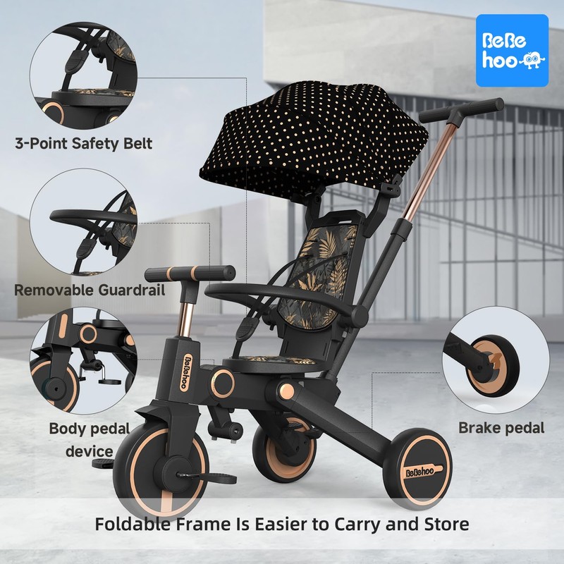 Bebehoo Tricycle Stroller for Toddler,Foldable Baby Tricycle,Kids Balance Bike with