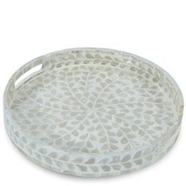 CLAYNIX Serving Tray 12.5 Inch, Lacquer Mother of Pearl Inlay Mosaic Tray, Round Wooden Marble Tray with Handles Trays for Tea, Breakfast (White)