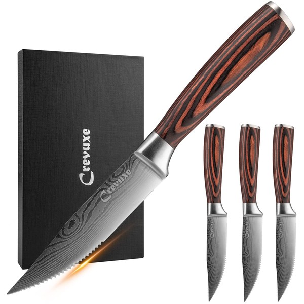 Crevuxe Steak Knives, 5.25 Inch Steak Knife Set of 4,High Carbon Stainless Steel Semi-Serrated Steak Knife, Ultra Sharp Table Knife Set with Pakkawood Handle, Christmas Gifts for Women