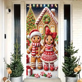 Saoplasa Christmas Door Cover Gingerbread Couple House Banner 71 x 35 Inch Candy Peppermint Bow Tree Present Backdrop Holiday Door Decoration for Front Porch Wall Hanging Winter Wonderland Party