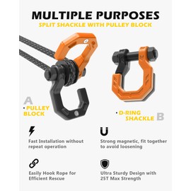 A-BOAR Separate D-Ring Shackle with Pulley Block, Towing Winch Snatch Block & 3/4" Separate D-Ring Shackle 2in1 Set, 57320lbs(26T) Breaking Strength, for Recovery, BlackOrange