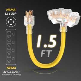 TOOLIOM 30 Amp Generator Adapter Cord Power Splitter, NEMA L14-30P to 4 x 5-15R/5-20R Household Plug, ETL Listed Generator Extension Cord 125/250V 7500W STW 10AWG/4C (1.5 FT)